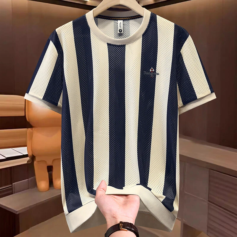 欧货轻奢休闲男装上衣2025夏季新款刺绣保罗透气条纹短袖T恤
