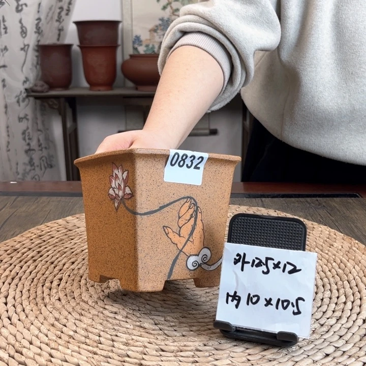 紫砂花盆柴烧大漏佛手拈花桌面小签筒0832