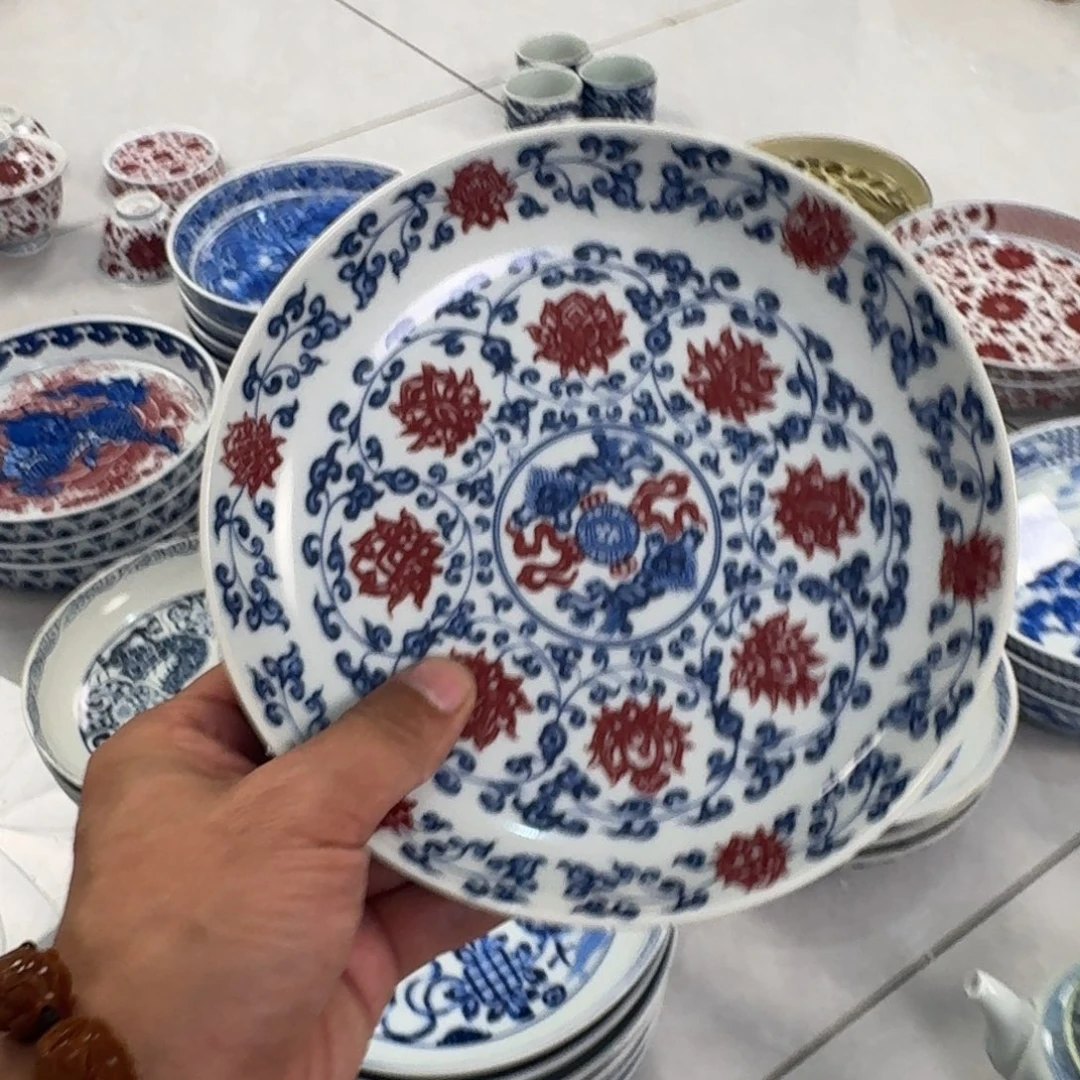 陶摆件釉里红缠枝莲大壶承17.5