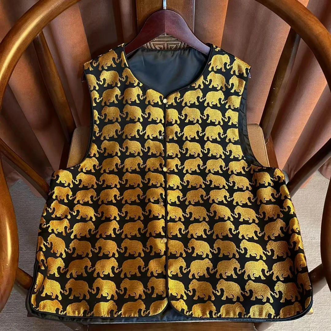 【象钦】无袖复古网红时尚马甲马夹提花暗扣常规拼接常规款圆领高端