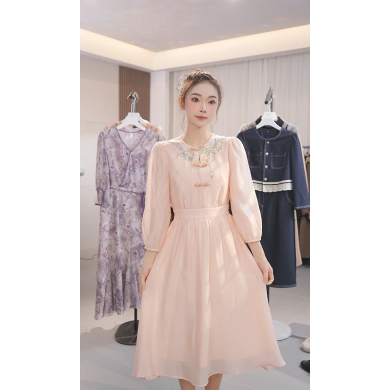M0150 新款春秋季新中式收腰长裙气质连衣裙女