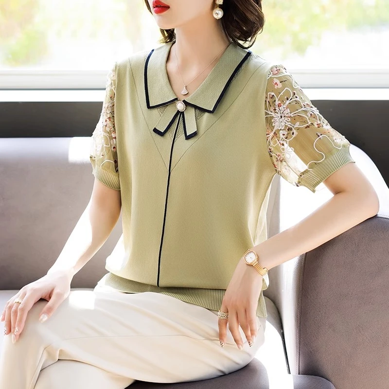 2025新款妈妈夏装气质针织短袖T恤中年女冰丝上衣服中老年人小衫