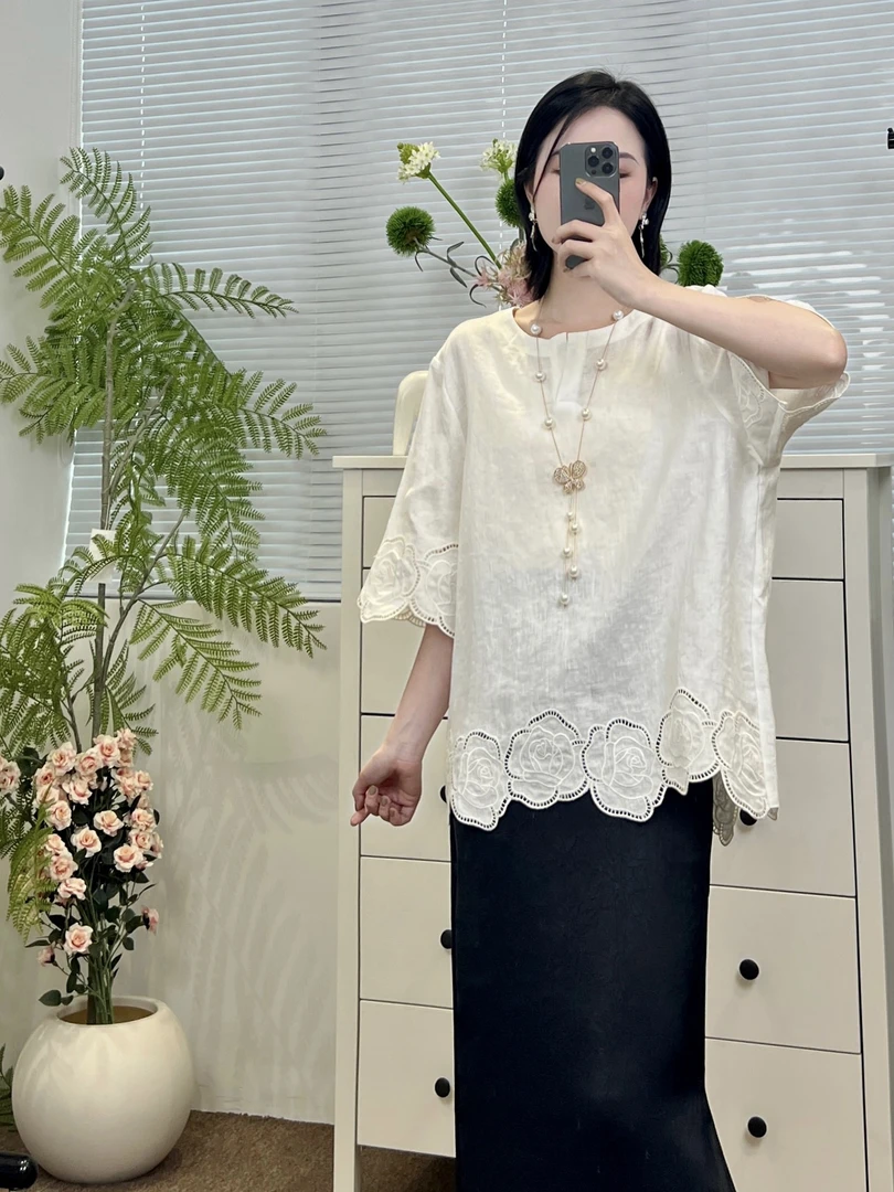 【深圳丽姐-laura】25306亚麻刺绣七分袖上衣