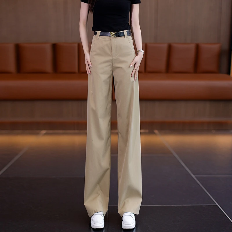 天丝棉窄版直筒裤2025夏季新款薄款女裤高腰垂感时尚卡其色休闲裤