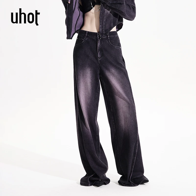 uhot/诱货紫色简约休闲阔腿显瘦百搭牛仔长裤25春季新款UWWS2K282