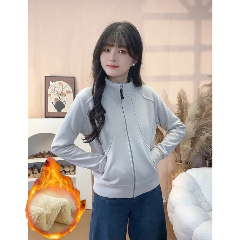 加绒加厚秋冬新款运动风长袖卫衣开衫正肩拉链外套上衣