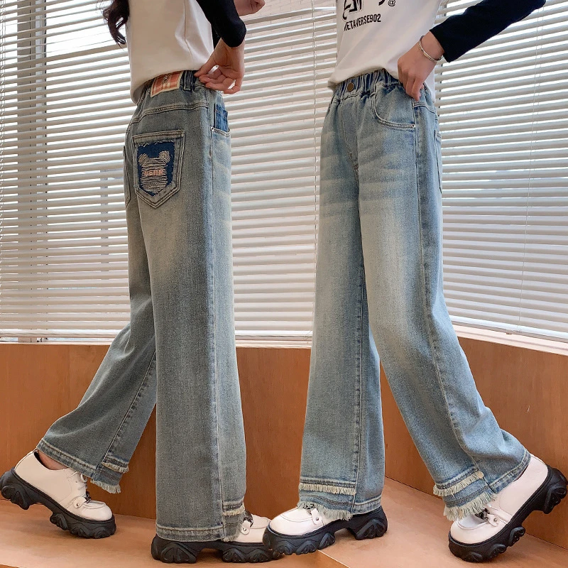女童牛仔裤2025春秋新款百搭女孩洋气中大童儿童裤子宽松阔腿裤