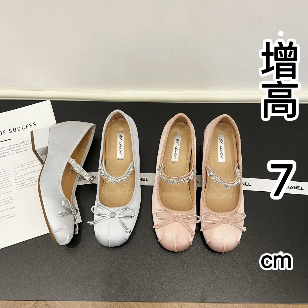 内增高7-10厘米浅口芭蕾风蝴蝶结水钻小个子甜美法式粗跟单鞋