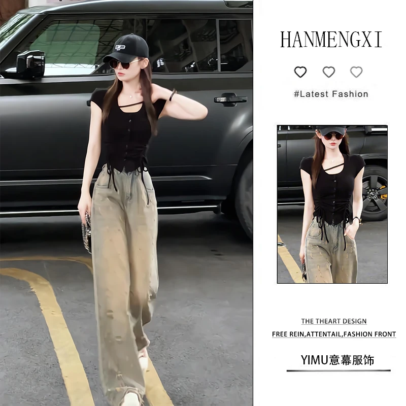 夏季一整套女装2025年新款韩版休闲时尚短袖上衣阔腿牛仔裤两件套