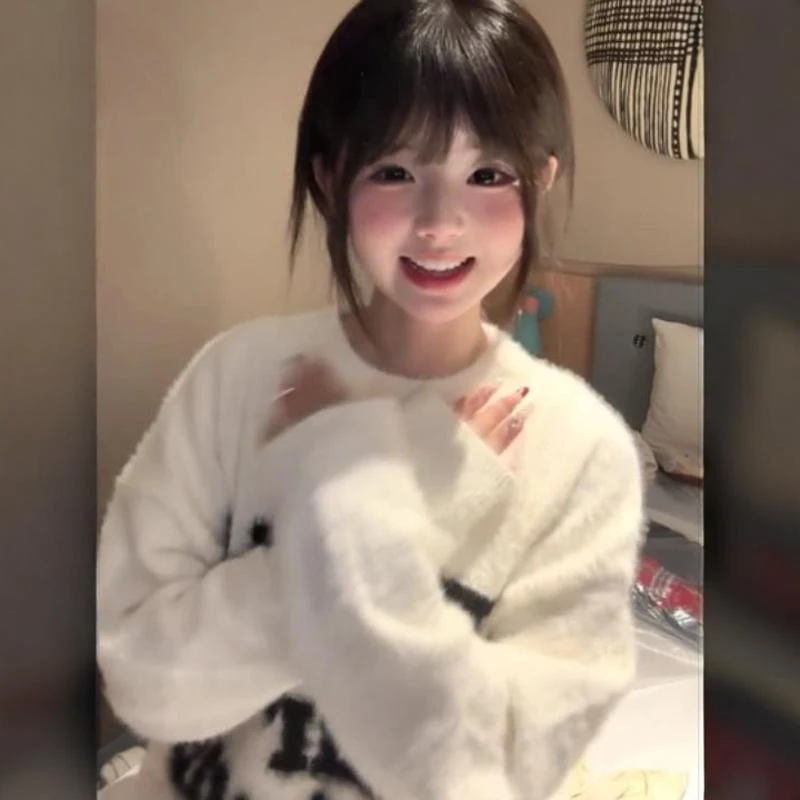 国潮美式新款绒毛衣女秋冬季软糯新款宽松慵懒风奶针织外套