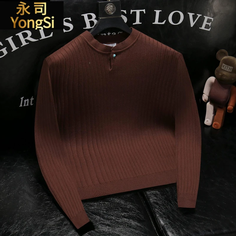 绿松石设计纽扣长袖立领针织衫男秋冬新款痞帅亨利领简约百搭毛衣