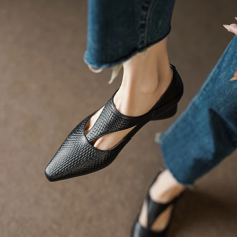 3cm/羊皮/时尚真皮赫本风粗跟单鞋女春季新款小方头优雅法式女鞋