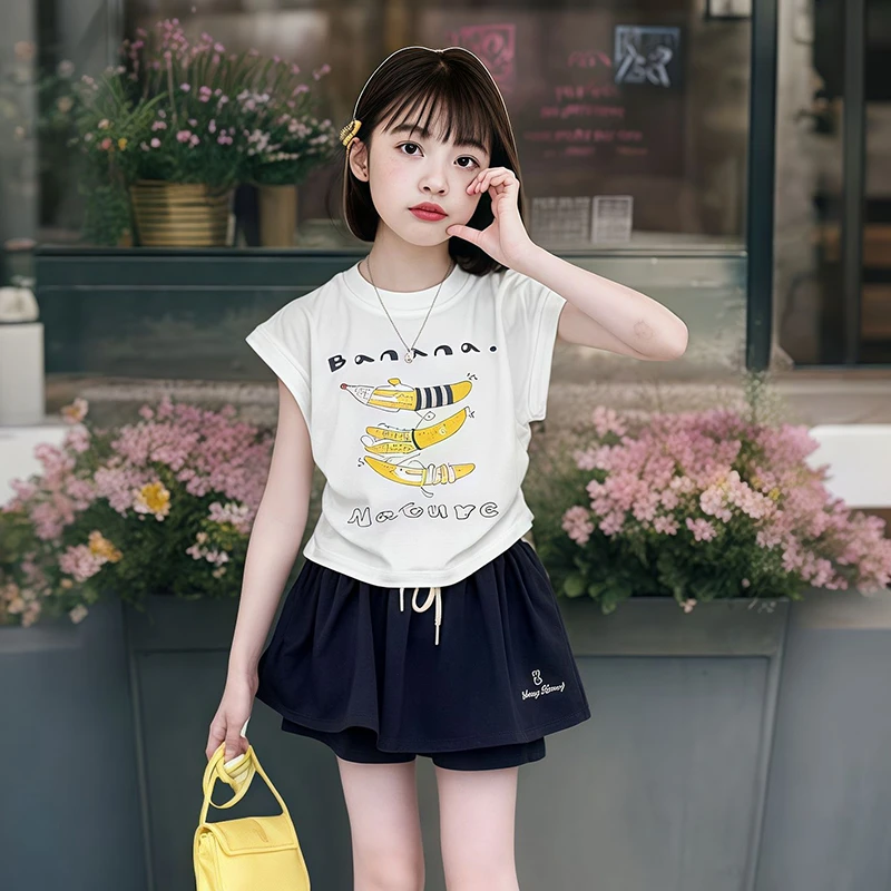 女童夏装套装2025夏季新款儿童卡通夏装中大童抽绳短裤两件套潮款
