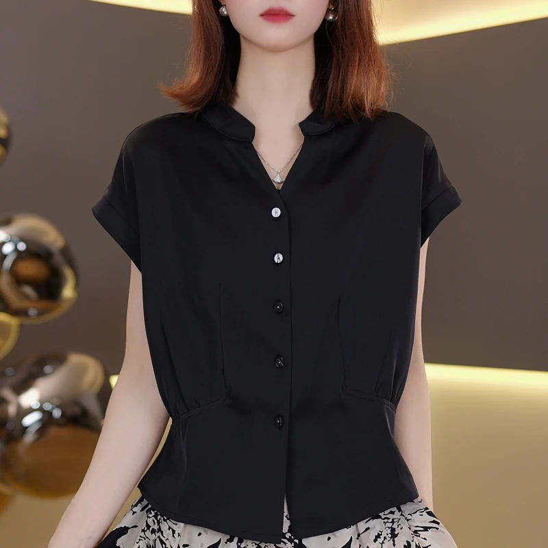 时尚v领短袖T恤女2025新款气质小衫洋气显瘦夏季宽松收腰黑色上衣