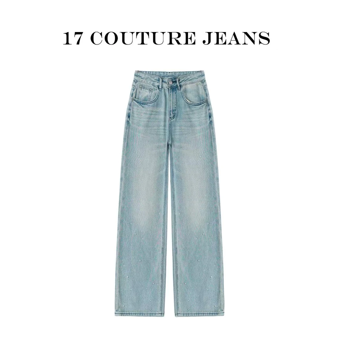 17 JEANS新款重工钉钻无弹拖地裤韩系时髦精必备高腰C8614