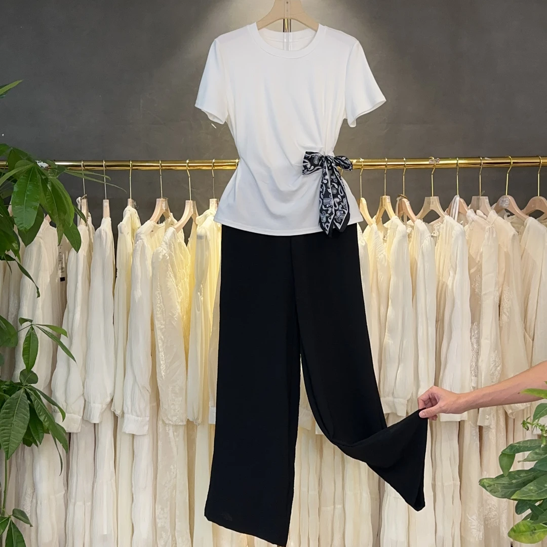 X7041【破价】简约短袖褶皱不对称吸汗圆领T恤设计师复古宽松显瘦