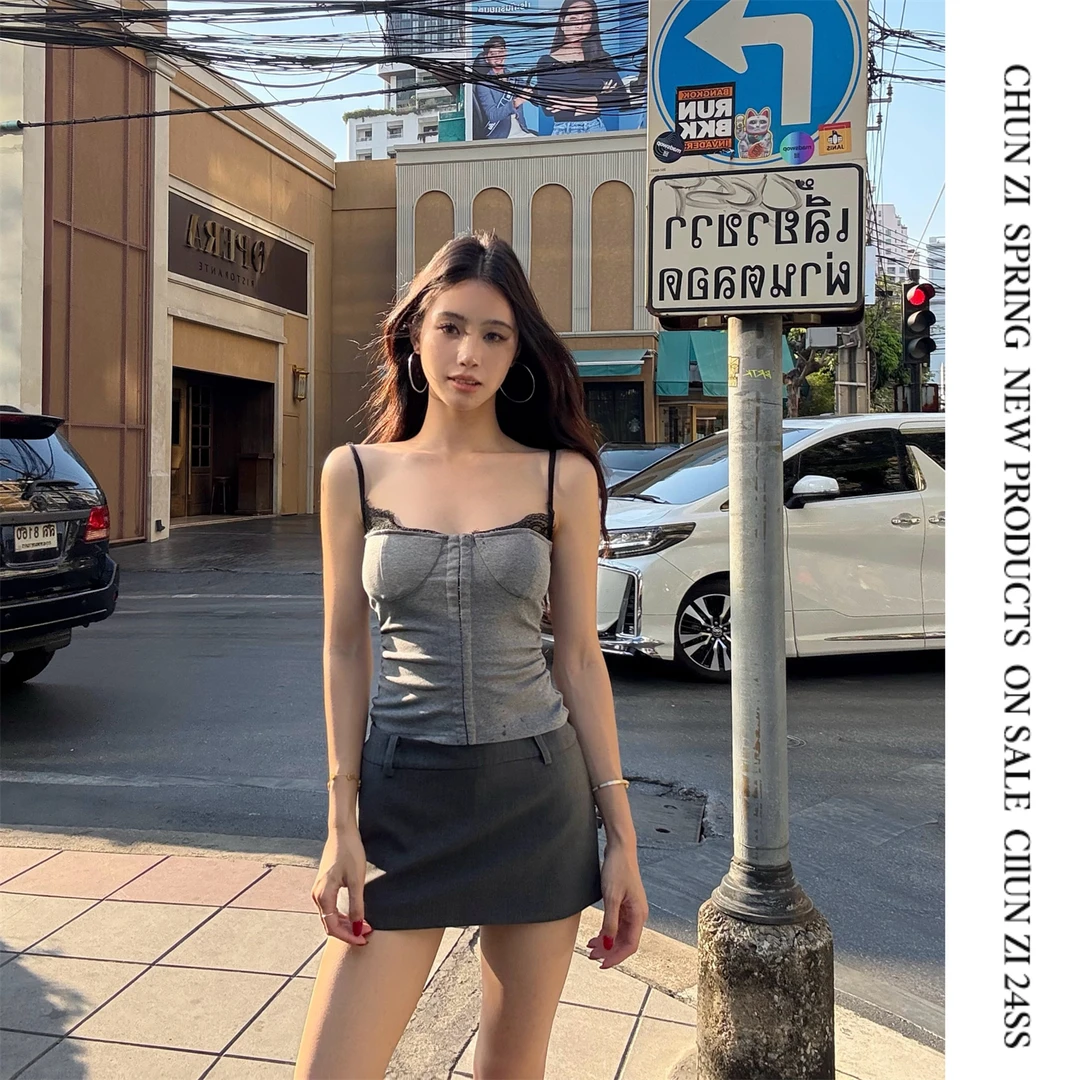 【CHUN ZI】25春夏 蕾丝拼接吊带辣妹修身收腰背心绝美上衣