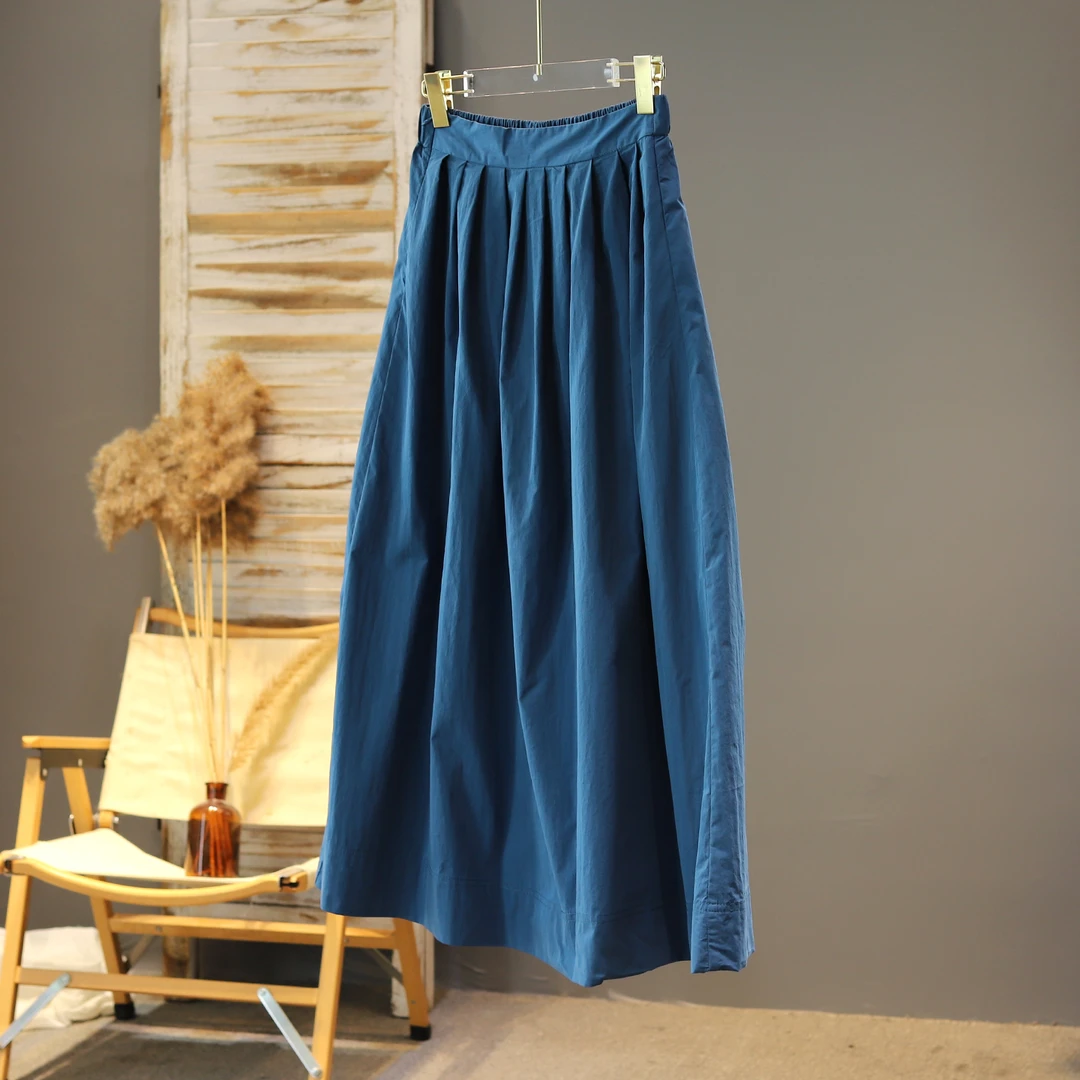 2025夏新款韩系简约双层纯色百褶裙中长款棉料经典半身裙文艺垂感