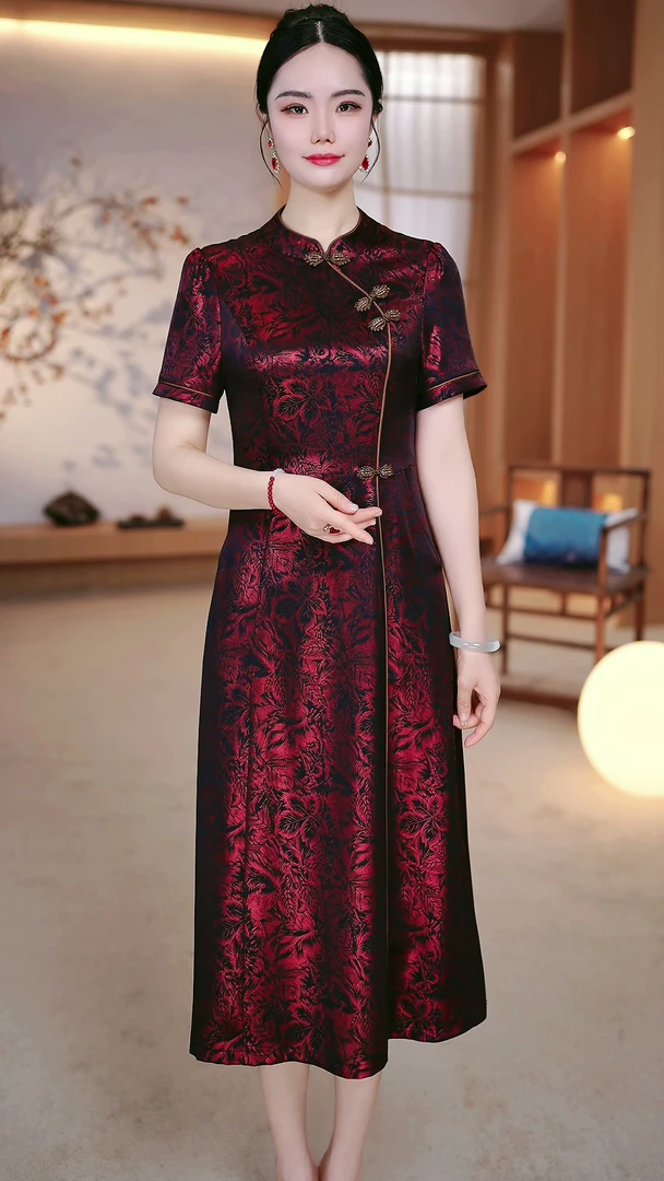 2025热卖新款妈妈装显瘦旗袍中长款妈妈装连衣裙ZRF-25499