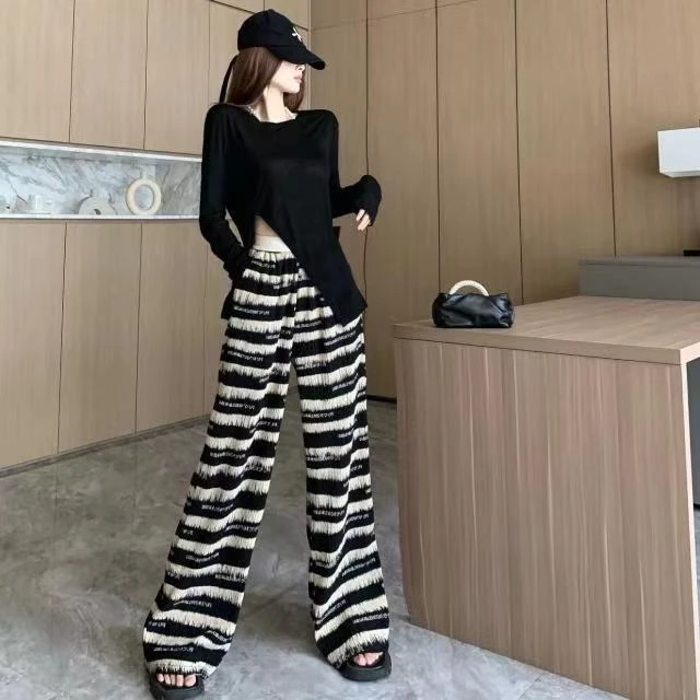 条纹阔腿裤宽松套装女直筒高腰扎染百褶慵懒风百搭出游显瘦两件套