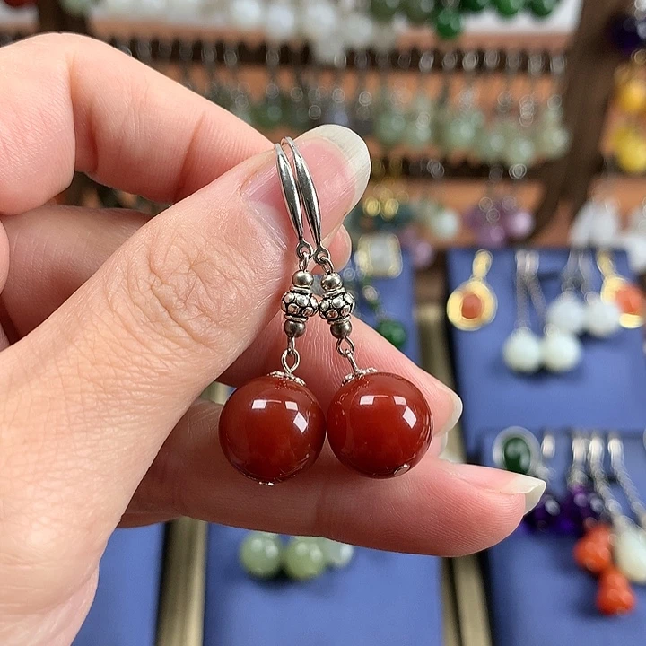 玛瑙/玉髓耳环银S925镶嵌12左右牛血红