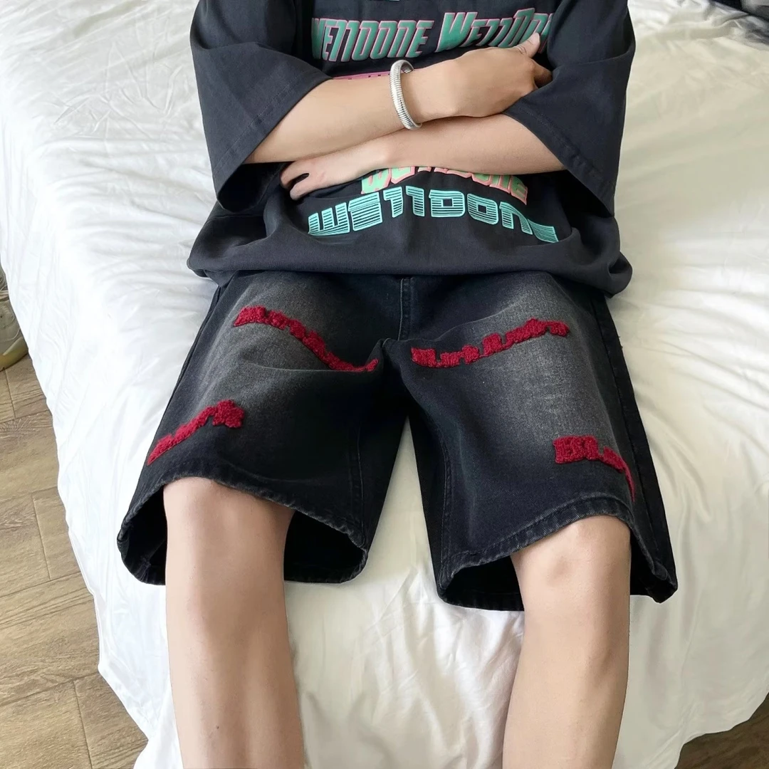 夏季宽松水洗做旧牛仔短裤男阔腿直筒五分裤美式高街潮牌痞帅裤子