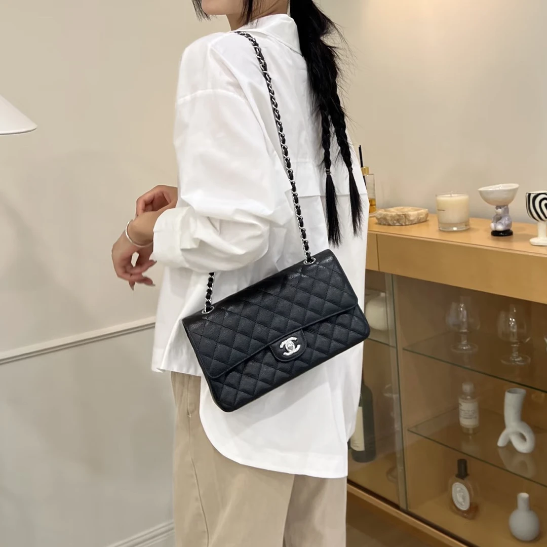 95新 Chanel/香奈儿 cf中号黑色牛皮单肩包 29开 银扣/91104