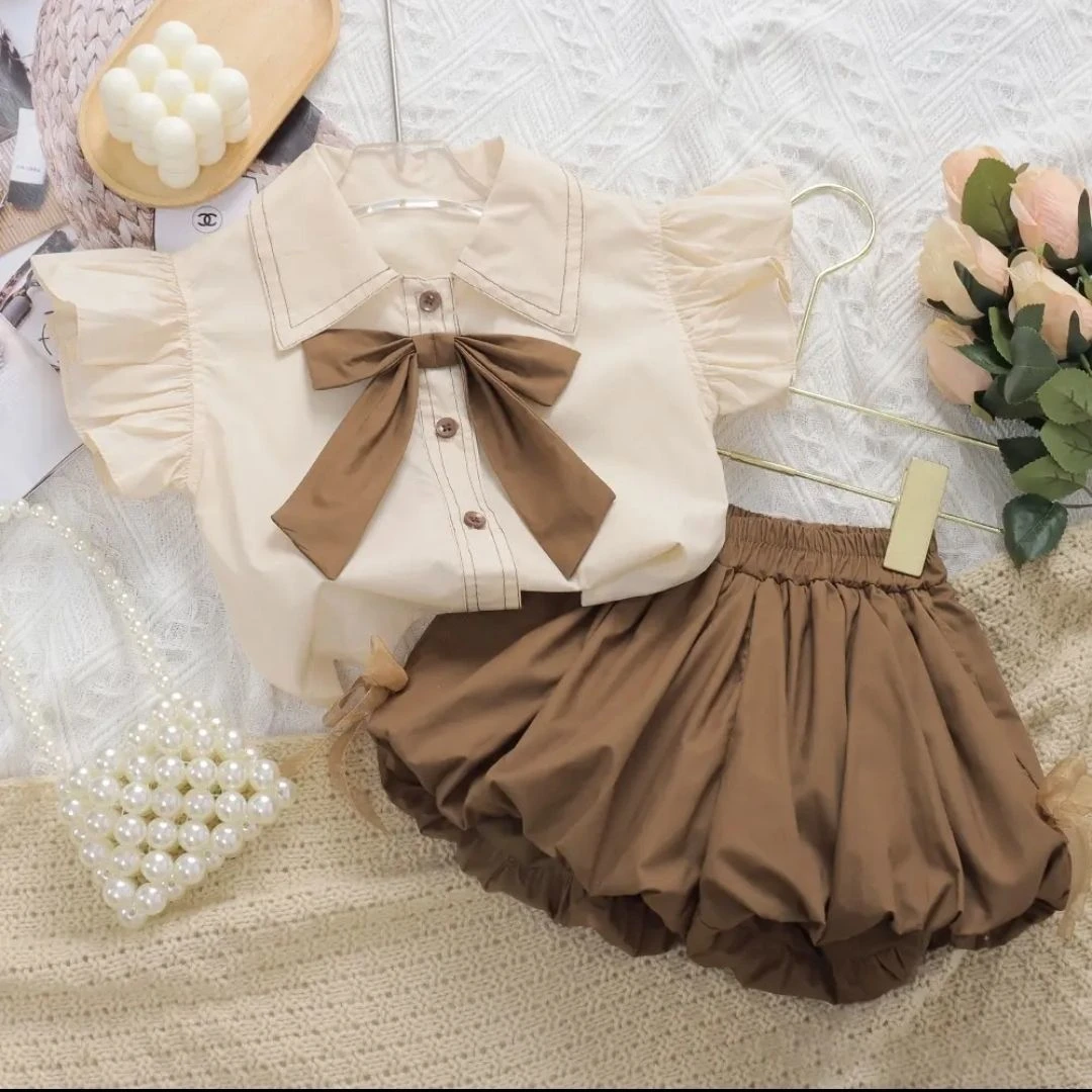 娃娃领夏季衬衫女童韩版百褶单排扣公主风套装女纯色飞袖两件套装