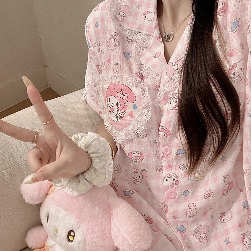 花边粉格美乐蒂睡衣女夏季短袖短裤带胸垫可爱卡通少女家居服套装