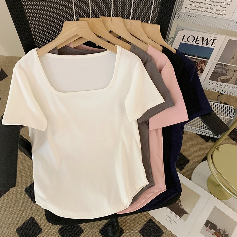 大码慵懒风小众正肩方领短袖t恤女夏季新款圆弧下摆遮肉显瘦上衣