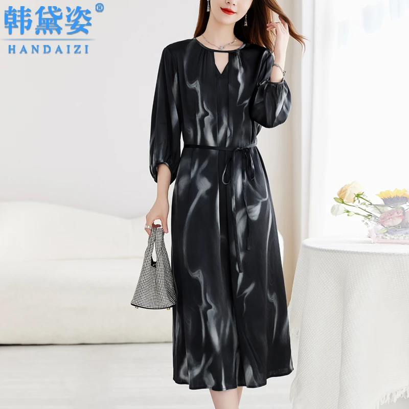 高端弹力缎重磅真丝连衣裙女中长款2025夏装新款七分袖桑蚕丝裙子