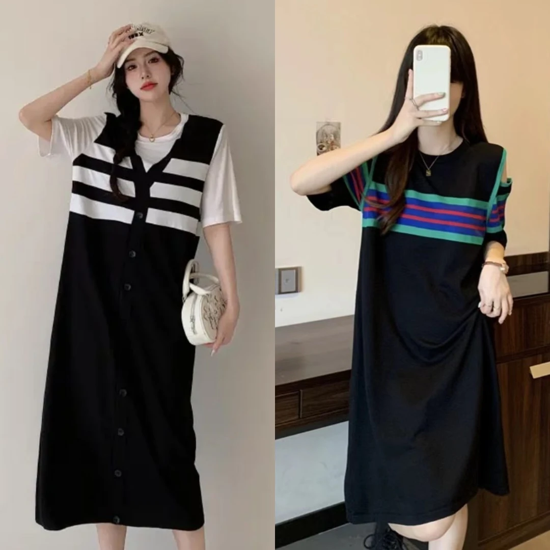 2025年夏季新款显瘦百搭休闲宽松遮肉减龄气质中长款针织连衣裙