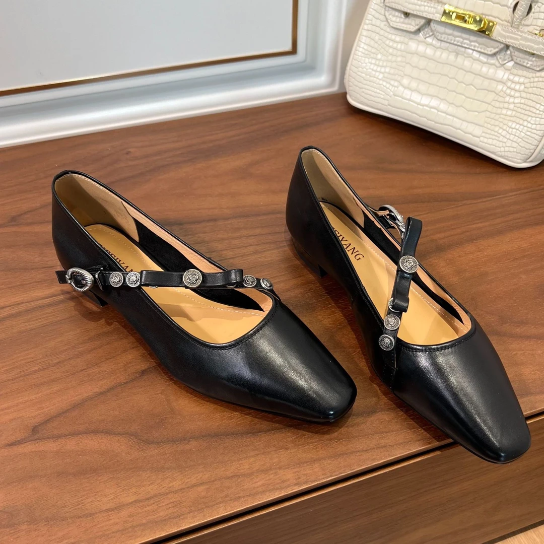 Shoe牛皮/2CM水洗手工做旧一字带玛丽珍鞋女新款粗跟单鞋9987