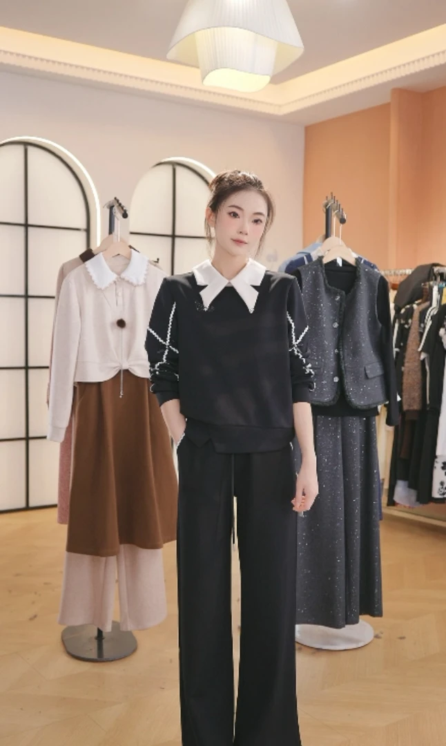 F3051时尚休闲长裤一整套秋款黑色套头长袖卫衣两件套