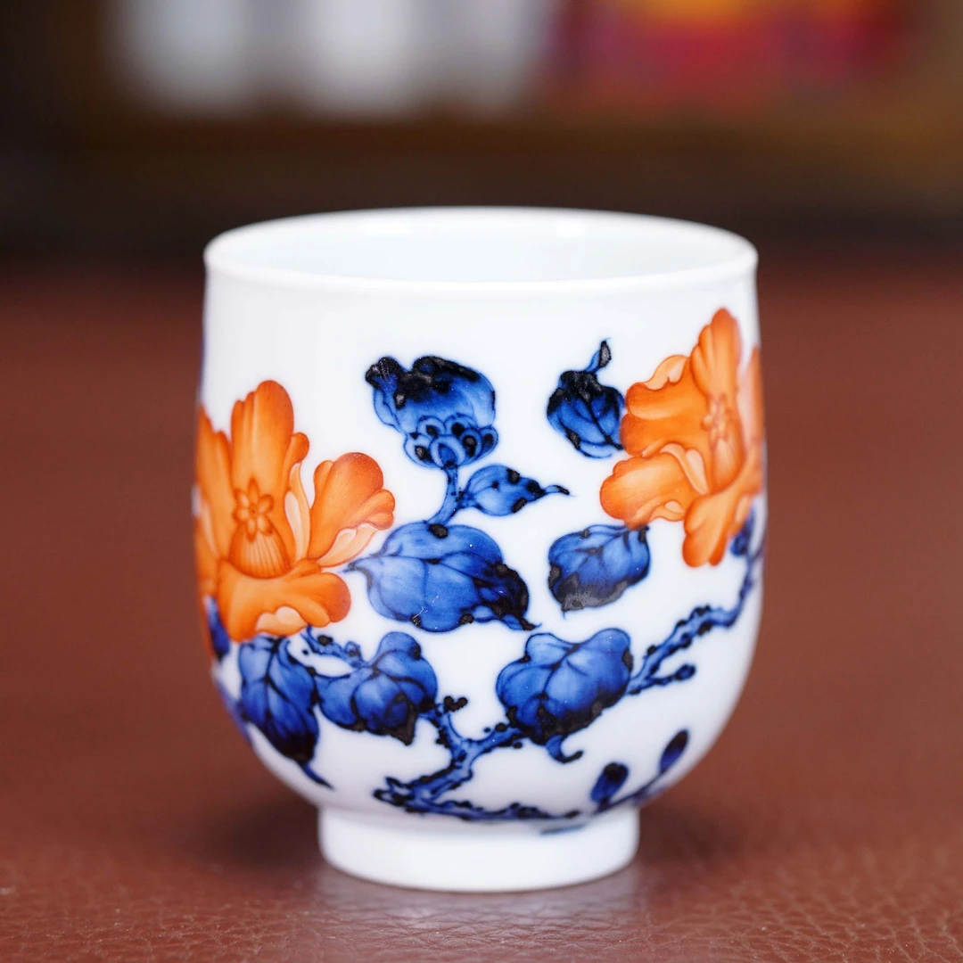 【阳春白雪】-青花矾红花卉蝴蝶陶瓷杯