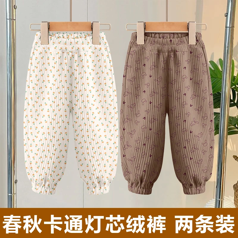 女童春秋灯芯绒裤子儿童洋气卡通满印束脚裤中小童宝宝外穿长裤潮