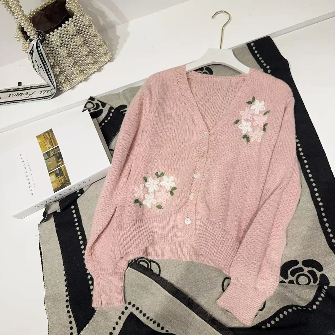 胸100-180长49珍珠装饰甜美勾花气质毛针织衫日常百搭开衫 8146