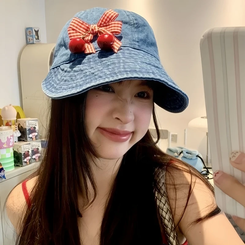 樱桃蝴蝶结牛仔帽夏季防晒鸭舌帽日常通勤度假适用棒球帽帽子女款