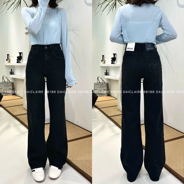 春 代嘉儿98186 微弹黑灰色显瘦高腰直筒窄版牛仔裤女