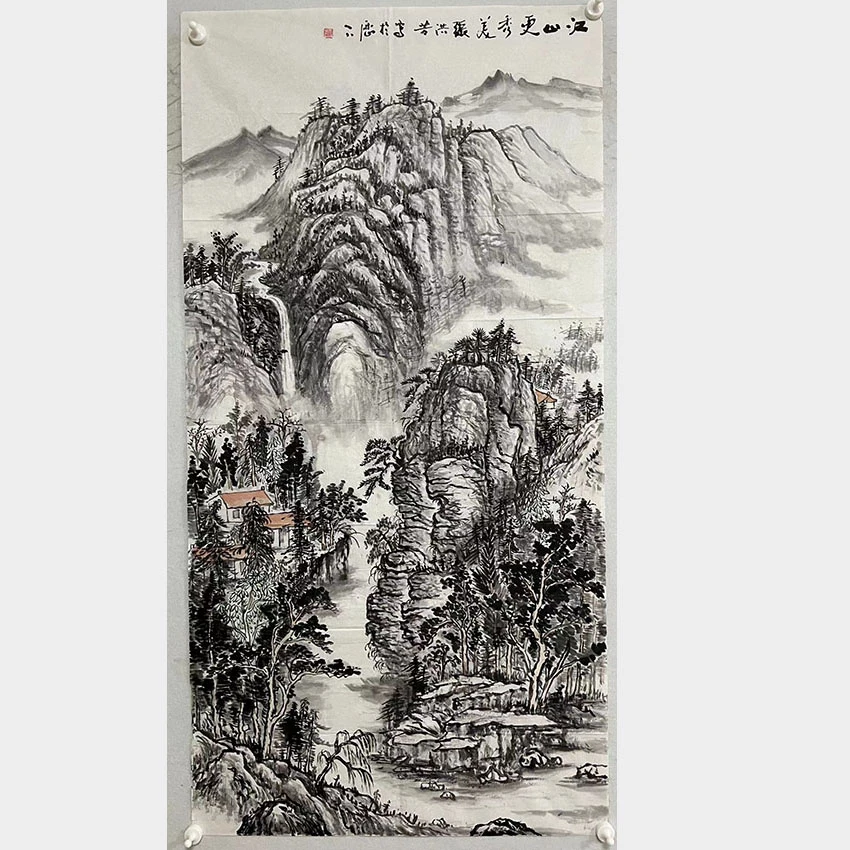 2259  纯手绘老字画《江山更秀美》中堂  尺寸 137×68