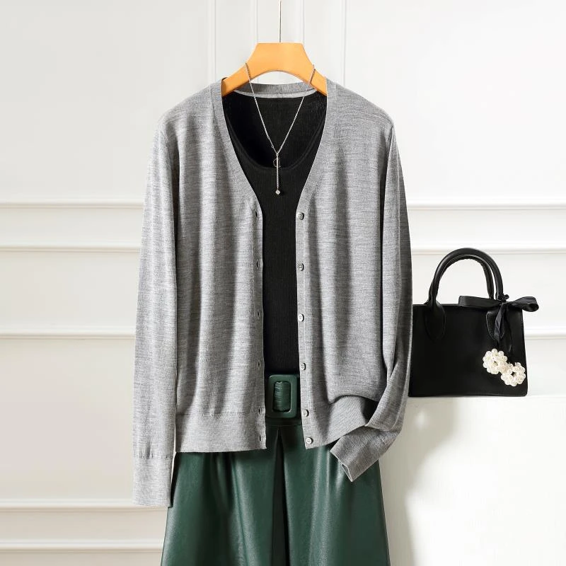 【扬子纱】精纺100%细羊毛衫女V领针织衫修身百搭上衣开衫