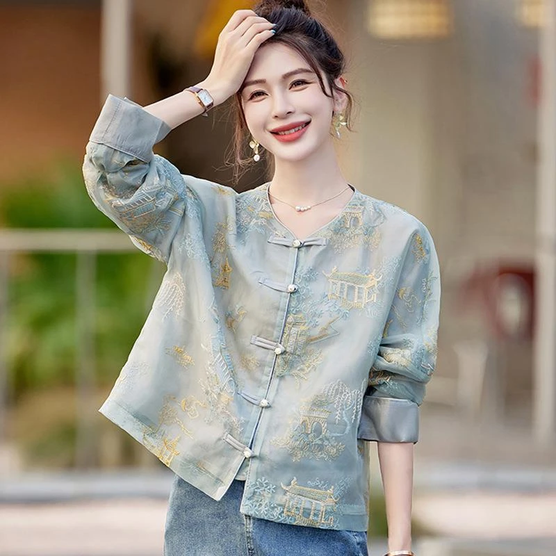 新中式国风中国风外套女夏季新款宽松刺绣复古盘扣短款衣唐装上衣
