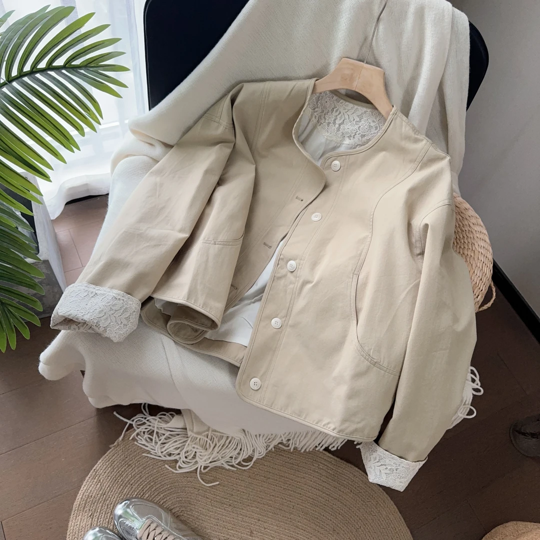 女春季拼接薄款圆领短外套气质卡其女装纯色韩版1027