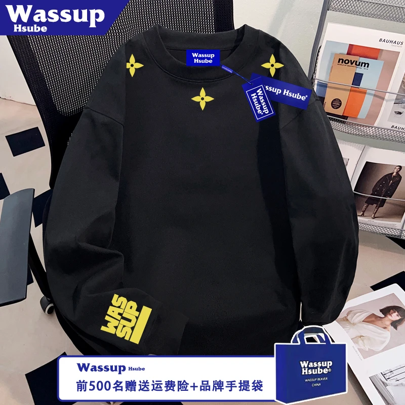 WASSUP HSUBE星星字母印花T恤秋季黑色上衣ins100%纯棉男女款长袖