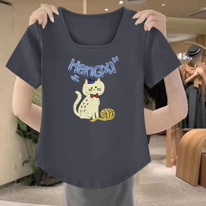 清仓捡漏~方领短袖t恤女时尚夏季新短款下摆修身显瘦洋气百搭上衣