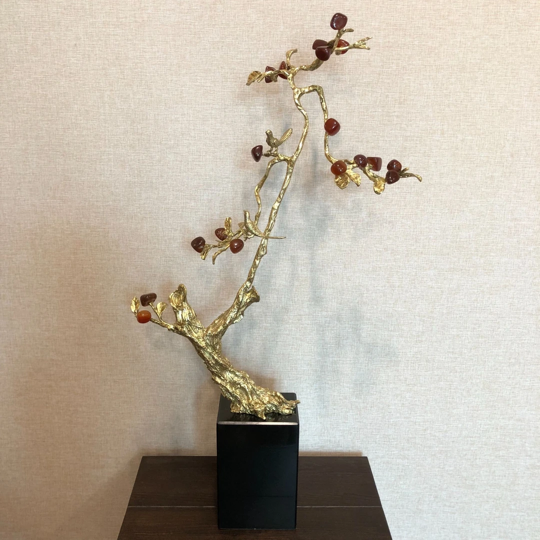 722博瑞奇柿柿如意黄铜喜鹊桌面装饰摆件（09355）