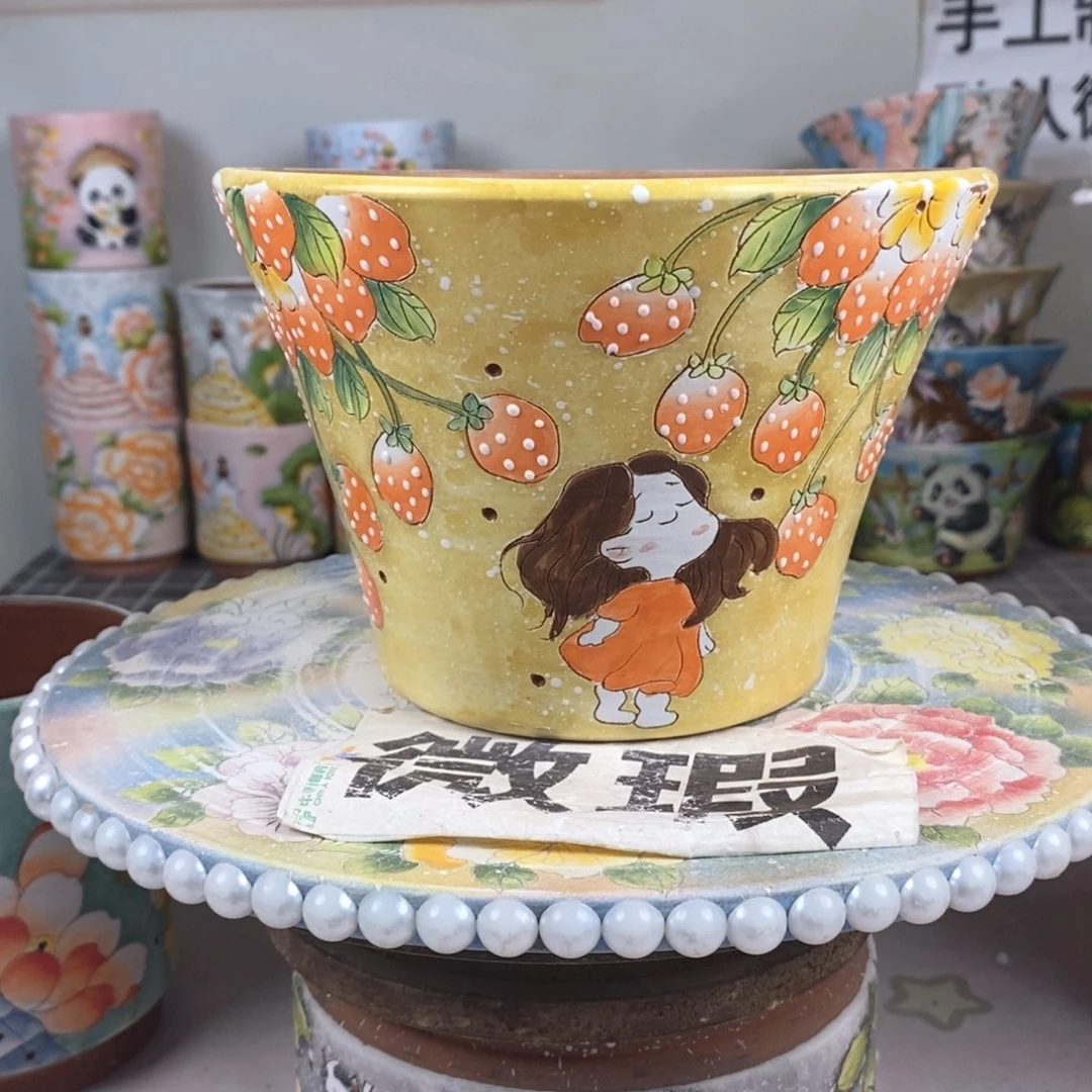 紫砂花盆红陶手绘花盆