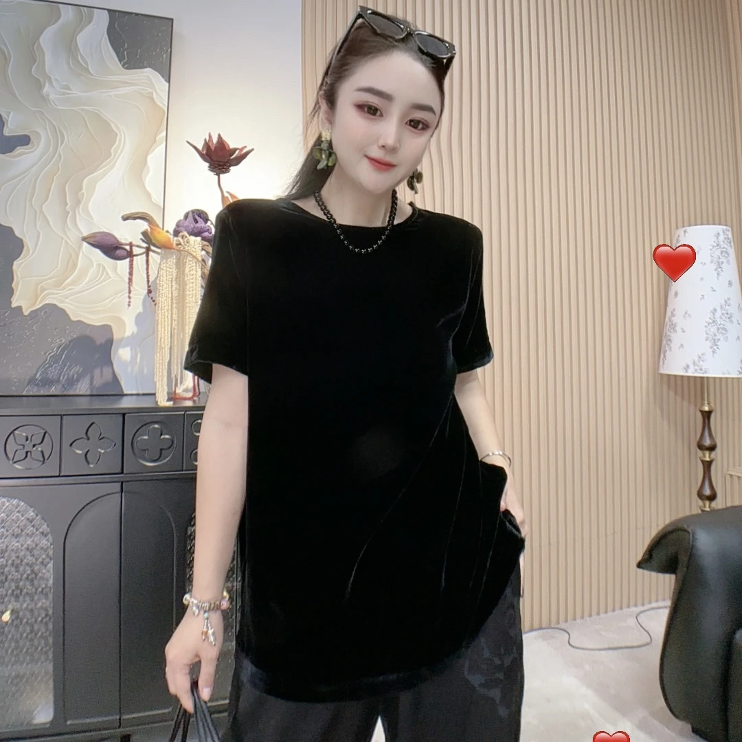 莹莹欧货【金丝绒后背蕾丝短袖】假两件女设计师时尚夏季上衣613895