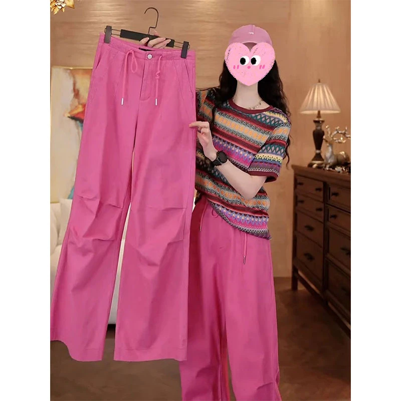 2025春秋季新款高腰褶皱设计直筒裤女宽松休闲百搭玫红色阔腿长裤