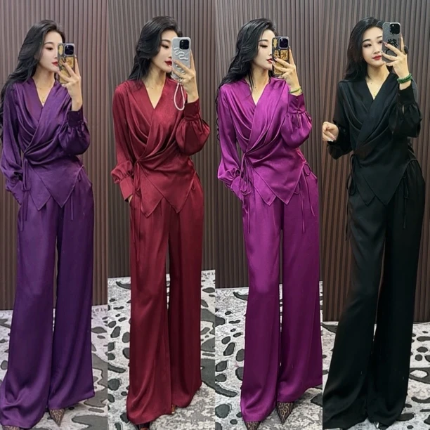 师小姐女装~新中式钻石纹侧边绑带阔腿裤套装5058